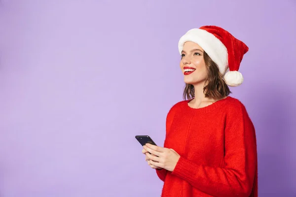 Portrait Happy Young Woman Wearing Christmas Hat Isolated Purple Background — Stock Photo, Image