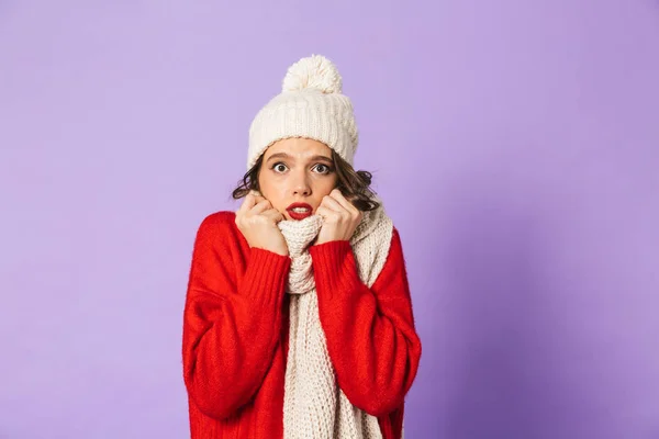 Portrait Une Jeune Femme Gelée Portant Chapeau Une Écharpe Hiver — Photo