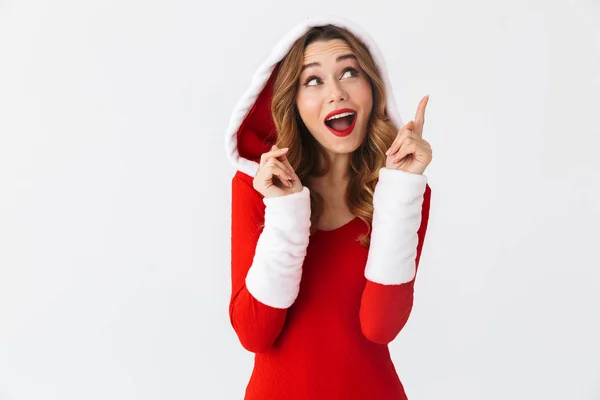 Imagen Chica Morena Años Con Vestido Rojo Navideño Apuntando Con —  Fotos de Stock