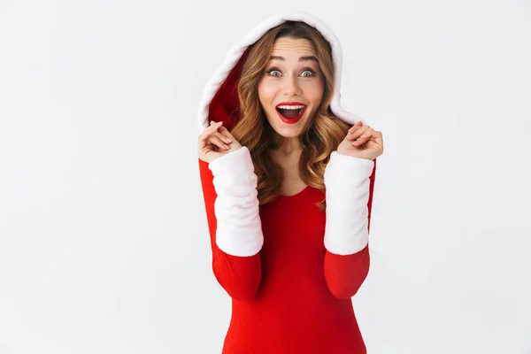 Imagen Chica Festiva Años Usando Vestido Rojo Navidad Pie Aislado —  Fotos de Stock