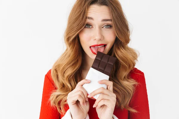 Retrato Mujer Caucásica Años Usando Traje Rojo Santa Claus Sonriendo — Foto de Stock