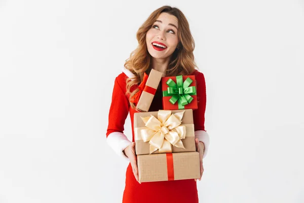 Retrato Mulher Bonita 20S Vestindo Papai Noel Traje Vermelho Sorrindo — Fotografia de Stock