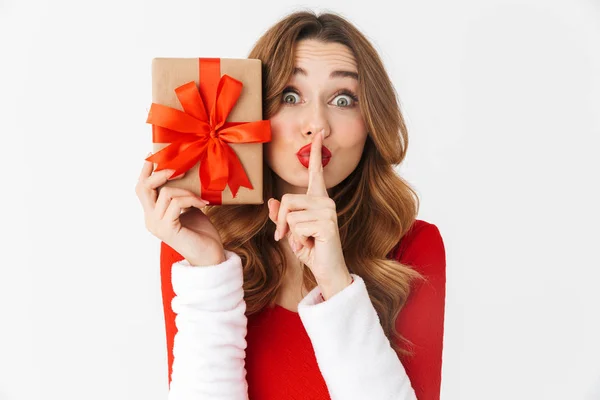 Jovem Alegre Vestindo Vestido Natal Isolado Sobre Fundo Branco Segurando — Fotografia de Stock