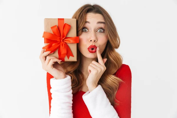 Jovencita Alegre Vistiendo Vestido Navidad Pie Aislado Sobre Fondo Blanco —  Fotos de Stock