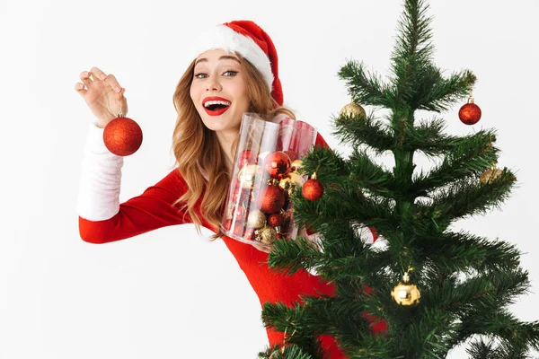 Schöne Aufgeregte Junge Mädchen Tragen Weihnachtskleid Steht Isoliert Über Weißem — Stockfoto