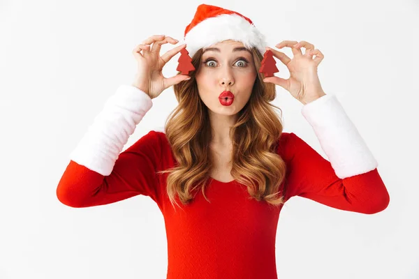 Porträtt Europeiska Kvinna 20S Bär Jultomten Röd Kostym Ler Och — Stockfoto