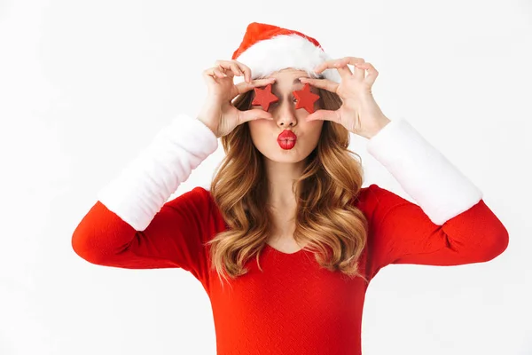 Porträtt Lycklig Kvinna 20S Bär Jultomten Röd Kostym Ler Och — Stockfoto