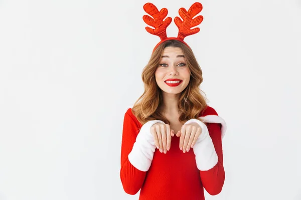 Portre Sevimli Bayan Yaşlarda Giyen Noel Baba Kırmızı Kostüm Geyik — Stok fotoğraf