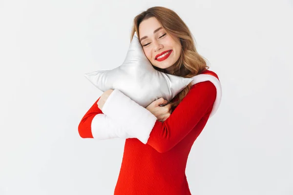 Portrait Adorable Woman 20S Wearing Santa Claus Red Costume Smiling — Stock Photo, Image