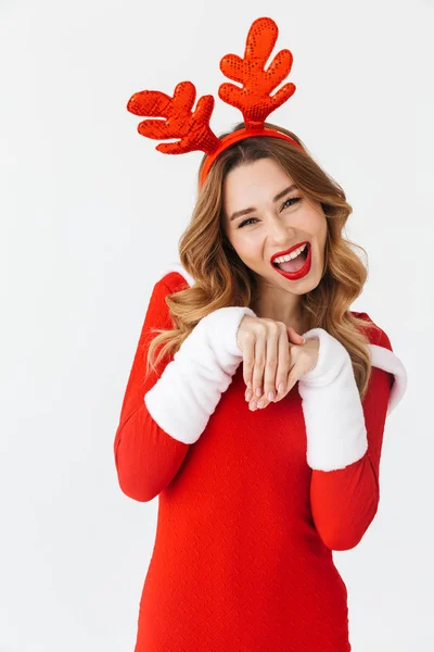 Avrupa Kadın Yaşlarda Giyen Noel Baba Kırmızı Kostüm Geyik Kulaklarına — Stok fotoğraf