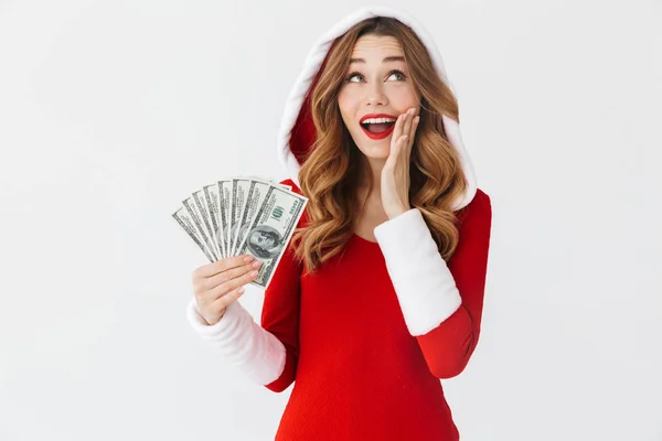 Portrait Rich Woman 20S Wearing Santa Claus Red Costume Smiling — Stock Photo, Image