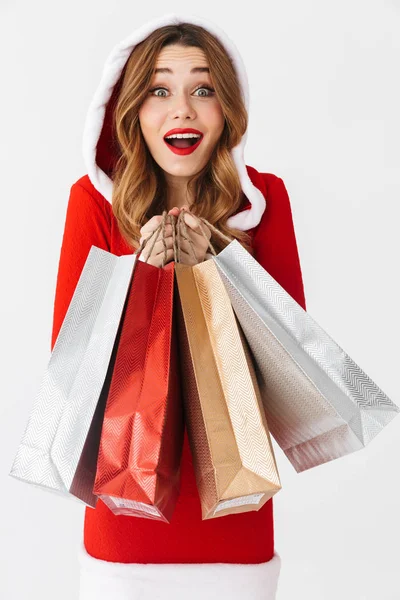 Portret Van Shopaholic 20S Dragen Rode Kerstman Kostuum Vrouw Glimlachend — Stockfoto
