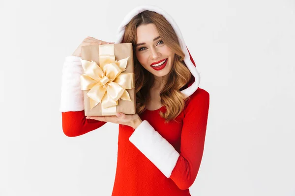 Portret Van Vrolijke Vrouw 20S Dragen Kerstman Rood Kostuum Glimlachend — Stockfoto