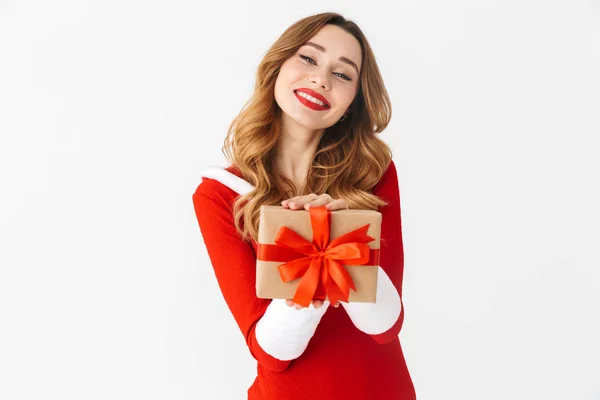 Fröhliches Junges Mädchen Weihnachtskleid Steht Isoliert Vor Weißem Hintergrund Und — Stockfoto