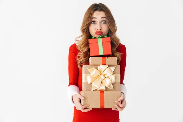 Afbeelding Van Een Mooie Emotionele Vrouw Kerstmis Kostuum Aanwezig Geschenkdozen — Stockfoto