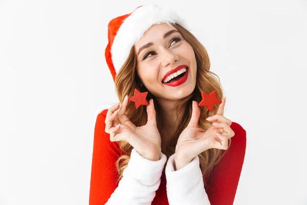 Retrato Mulher Morena Anos Vestindo Traje Vermelho Papai Noel Sorrindo — Fotografia de Stock