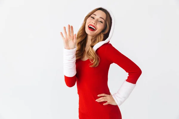Bilden Bedårande Kvinna 20S Bär Jul Röd Klänning Viftande Hand — Stockfoto