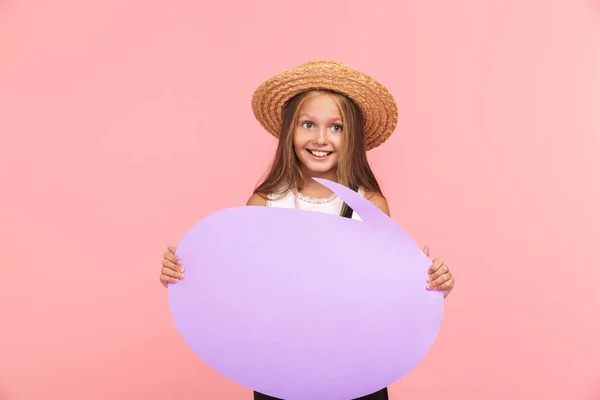 Portrait Cheerful Little Girl Wearing Summer Hat Isolated Pink Background — Stock Photo, Image