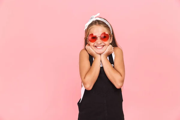 Cheerful Little Girl Wearing Dress Sunglasses Standing Isolated Pink Background — Stock Photo, Image