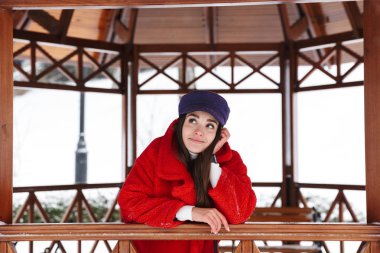 Açık havada kar kış park ormanda yürüyen bir genç ve güzel kadın görüntüsünü.