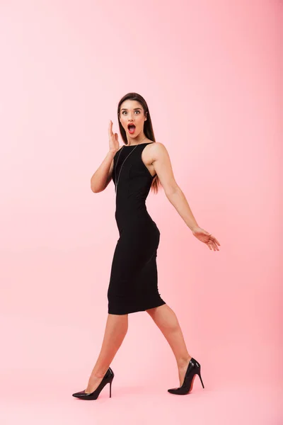 Full Length Portrait Beautiful Young Woman Wearing Black Dress Walking — Stock Photo, Image