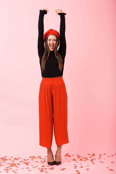 Full Length Portrait Beautiful Young Woman Wearing Red Beret Standing — Stock Photo, Image