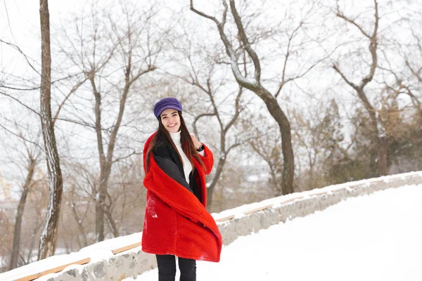 屋外雪冬公園の森を歩いて驚くほどの美しい若い女性の画像 — ストック写真