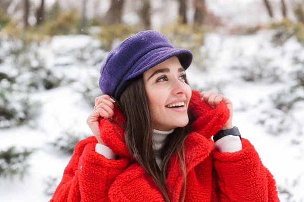 Imagen Una Hermosa Joven Aire Libre Caminando Bosque Nieve Del — Foto de Stock