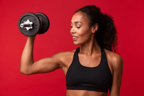 Image Beautiful African American Woman Black Sportswear Lifting Dumbbell Isolated — Stock Photo, Image