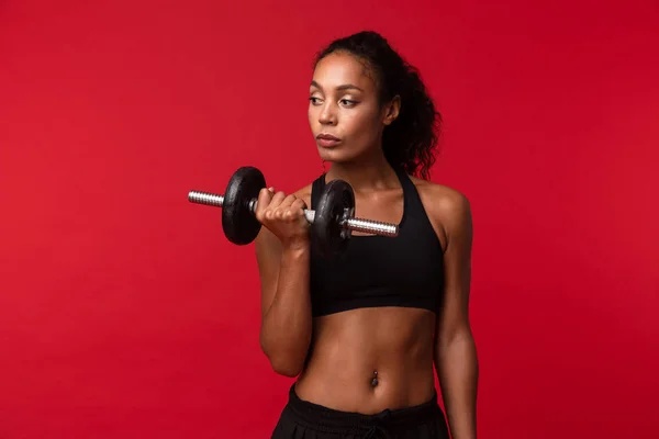 Immagine Donna Afroamericana Ginnica Abbigliamento Sportivo Nero Che Solleva Manubri — Foto Stock