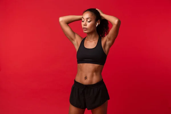 Image Beautiful Young African Sports Fitness Woman Posing Isolated Red — Stock Photo, Image