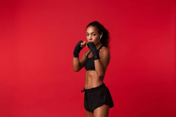 Portrait Young African American Woman Black Sportswear Boxing Sports Bandages — Stock Photo, Image