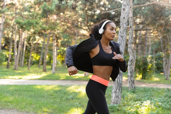 Image Slim Woman 20S Wearing Black Tracksuit Headphones Working Out — Stock Photo, Image