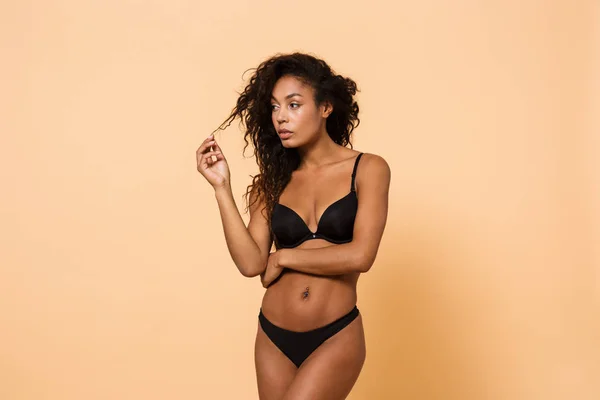 Beauty Portrait Sexy Woman Wearing Black Lingerie Standing Isolated Beige — Stock Photo, Image