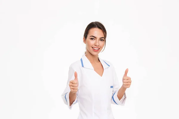 Beautiful Young Woman Doctor Wearing Uniform Standing Isolated White Background — Stock Photo, Image