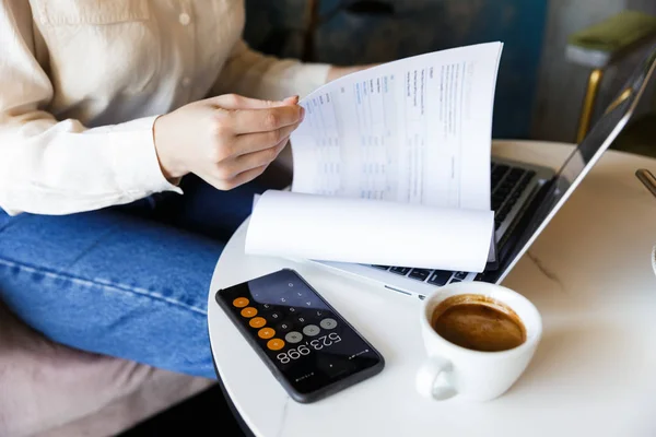 Cropped Photo Young Woman Sitting Cafe Indoors Work Laptop Holding — Stock Photo, Image