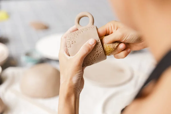 Close Woman Making Ceramic Pottery Tableware Workshop Working Clay — Stock Photo, Image