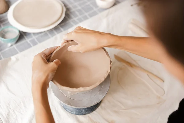 Close Woman Making Ceramic Pottery Tableware Workshop Working Clay — Stock Photo, Image