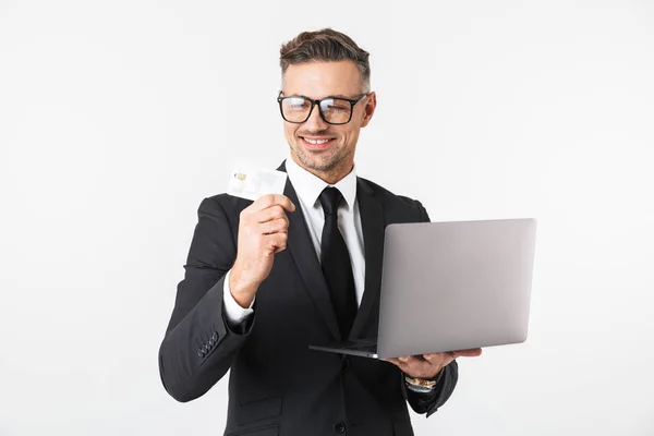 Imagen Hombre Negocios Guapo Aislado Sobre Fondo Blanco Pared Usando — Foto de Stock