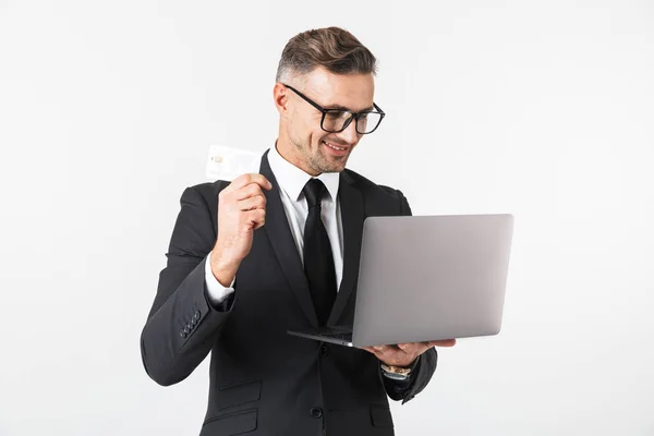 Image Handsome Business Man Isolated White Wall Background Using Laptop — Stock Photo, Image