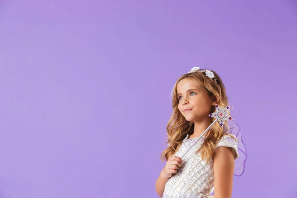 Portrait Smiling Cute Pretty Girl Dressed Princess Dress Isolated Violet — Stock Photo, Image