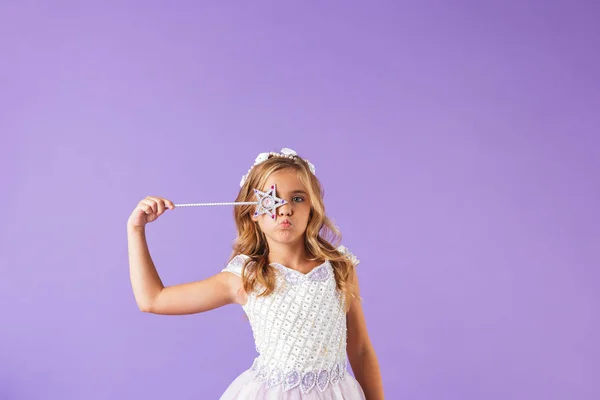 Portrait Smiling Cute Pretty Girl Dressed Princess Dress Isolated Violet — Stock Photo, Image