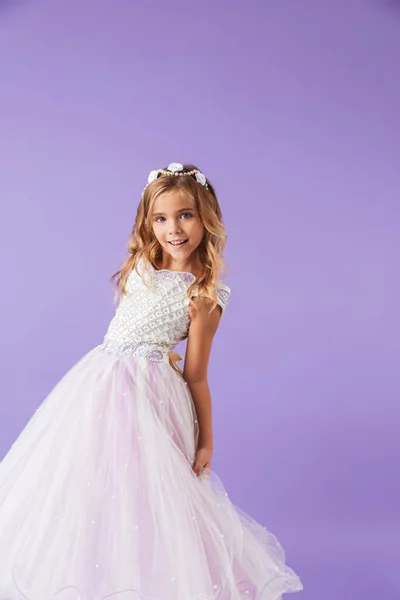 Portrait Smiling Cheerful Pretty Girl Dressed Princess Dress Isolated Violet — Stock Photo, Image