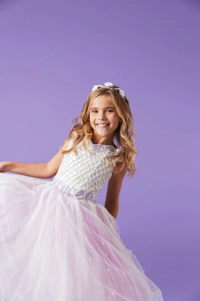 Portrait Smiling Cheerful Pretty Girl Dressed Princess Dress Isolated Violet — Stock Photo, Image