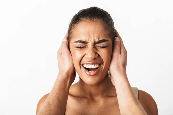 Rädda Unga Afrikanska Kvinnan Sitter Medan Mannens Händer Som Täcker — Stockfoto