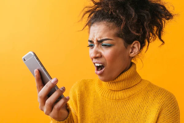 Close Shocked Confused African Woman Wearing Sweater Standing Isolated Yellow — Stock Photo, Image