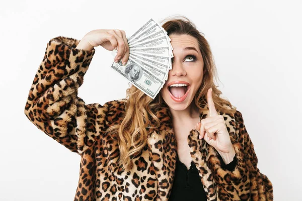 Beautiful Young Woman Wearing Leopard Coat Standing Isolated White Background — Stock Photo, Image