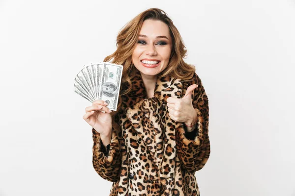 Hermosa Mujer Joven Con Abrigo Leopardo Pie Aislado Sobre Fondo — Foto de Stock
