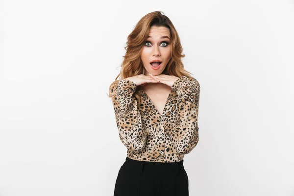 Beautiful Cheerful Young Woman Wearing Leopard Blouse Standing Isolated White — Stock Photo, Image