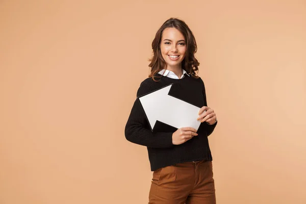 Imagen Una Hermosa Mujer Emocionalmente Feliz Posando Aislada Apuntando Con —  Fotos de Stock